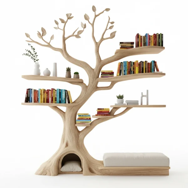 Handcrafted Tree Bookshelf with Cat House