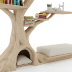 Handcrafted Tree Bookshelf with Cat House