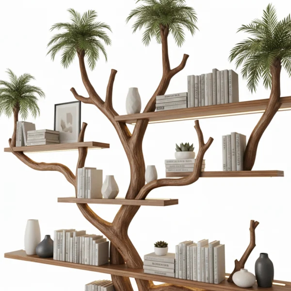 Handcrafted Tree Branch Bookshelf - Solid Wood Wall-Mounted Shelf Natural Living Room Decor