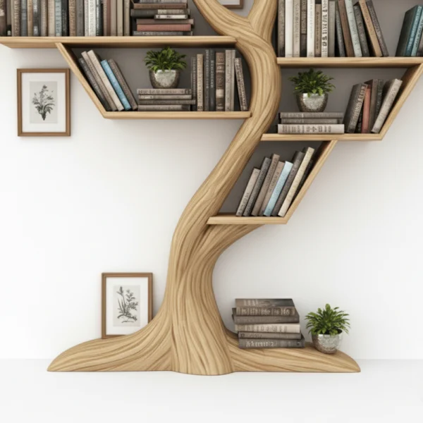 Rustic Tree Bookshelf - Handcrafted Solid Wood Wall-Mounted Display
