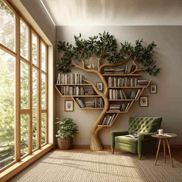 Rustic Tree Bookshelf - Handcrafted Solid Wood Wall-Mounted Display