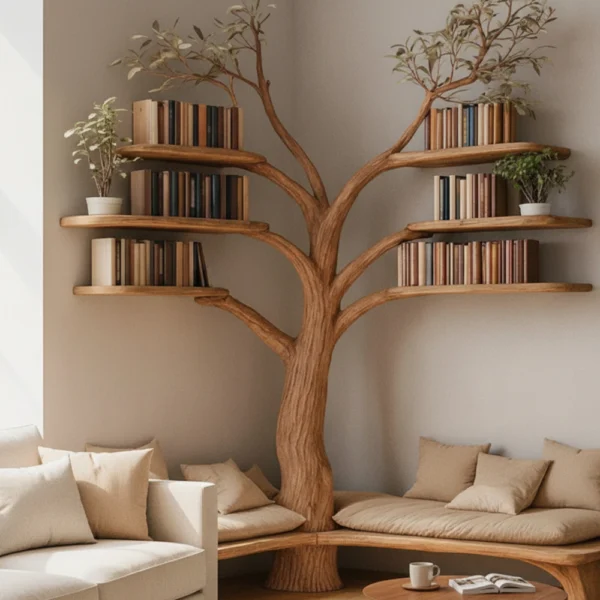 Rustic Tree Bookshelf with Corner Bench - Handmade Wooden Reading Nook for Kids & Nature Lovers
