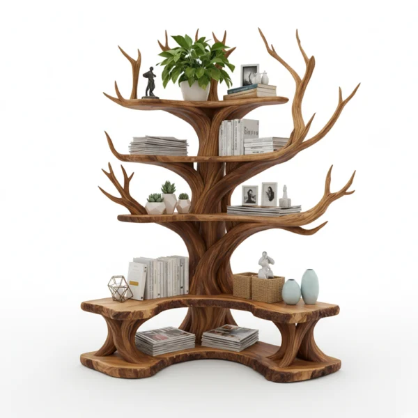Tree Branch Bookshelf with L-Shaped Bench - Handcrafted Solid Wood Storage & Seating Combo