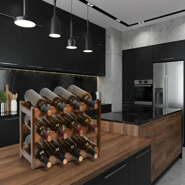 The Twelve-Bottle Vineyard Trestle – 3-Tier Solid Wood Wine Gallery