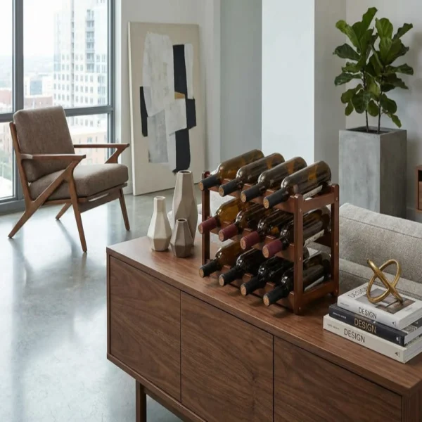 The Twelve-Bottle Vineyard Trestle – 3-Tier Solid Wood Wine Gallery