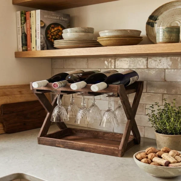 The Walnut Sommelier Station – 3-in-1 Tabletop Wine & Stemware Gallery