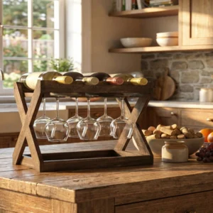 The Walnut Sommelier Station – 3-in-1 Tabletop Wine & Stemware Gallery (3)