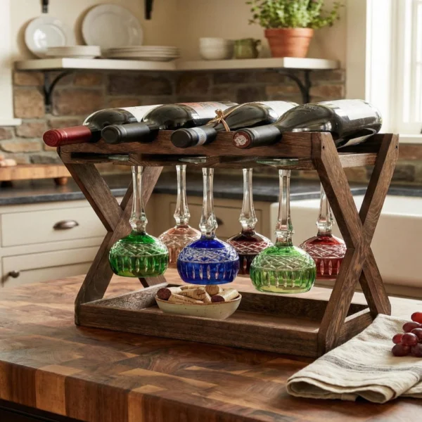 The Walnut Sommelier Station – 3-in-1 Tabletop Wine & Stemware Gallery