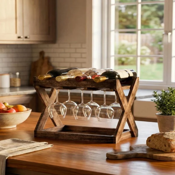 The Walnut Sommelier Station – 3-in-1 Tabletop Wine & Stemware Gallery