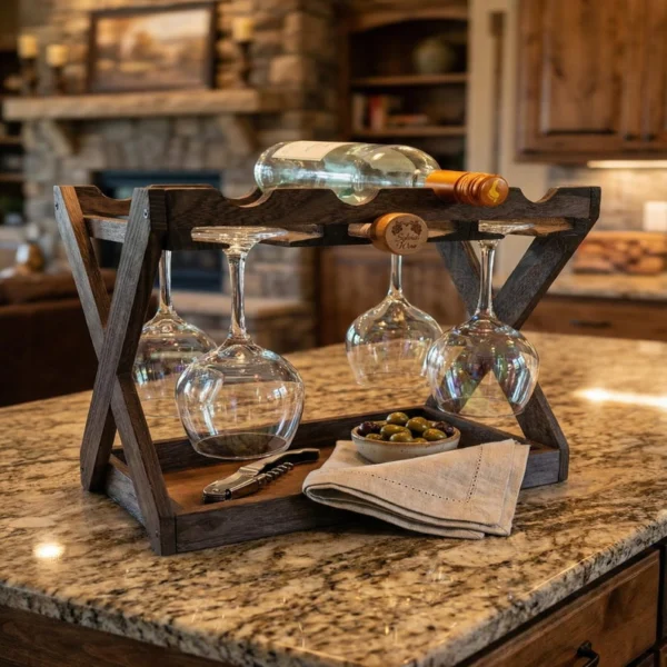 The Walnut Sommelier Station – 3-in-1 Tabletop Wine & Stemware Gallery